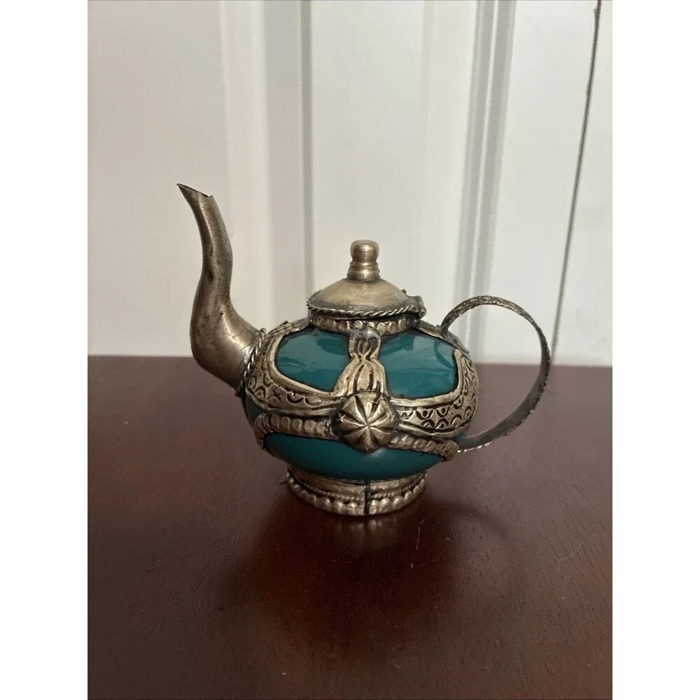 Vintage Moroccan Miniature Teapot Teal Ceramic Silver Metal Filigree Decorative